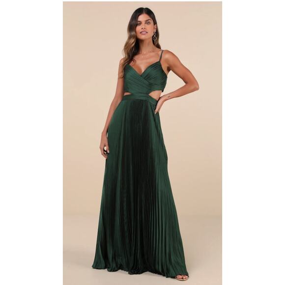 Lulus Pleated Cutout Green Got the Glam Maxi Dress Size XS - Picture 8 of 11